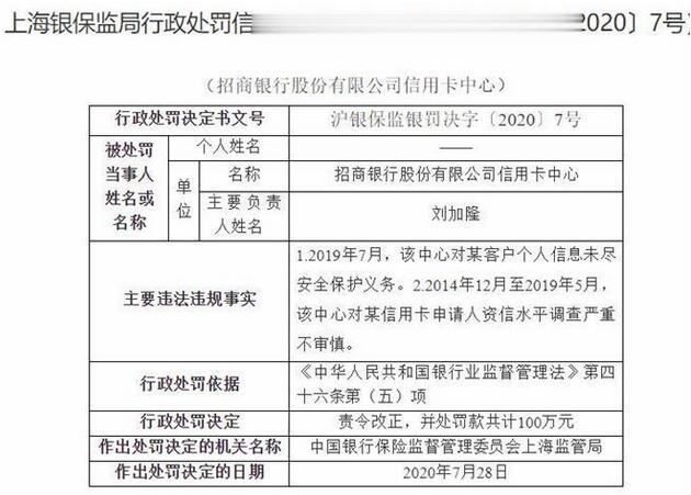 对客户个人信息未尽安全保护义务，招商银行信用卡中心被罚百万