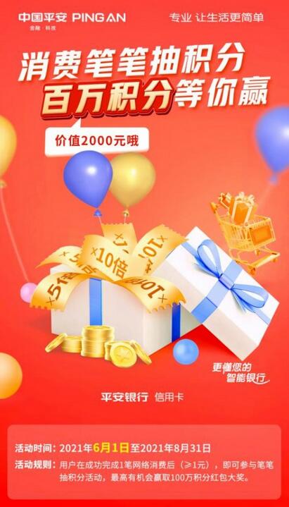 平安信用卡线上消费笔笔抽翻倍积分，最高赢百万积分锦鲤
