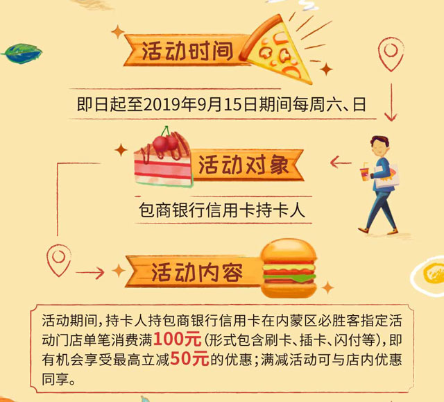 包商银行信用卡必胜客满100元立减50元！