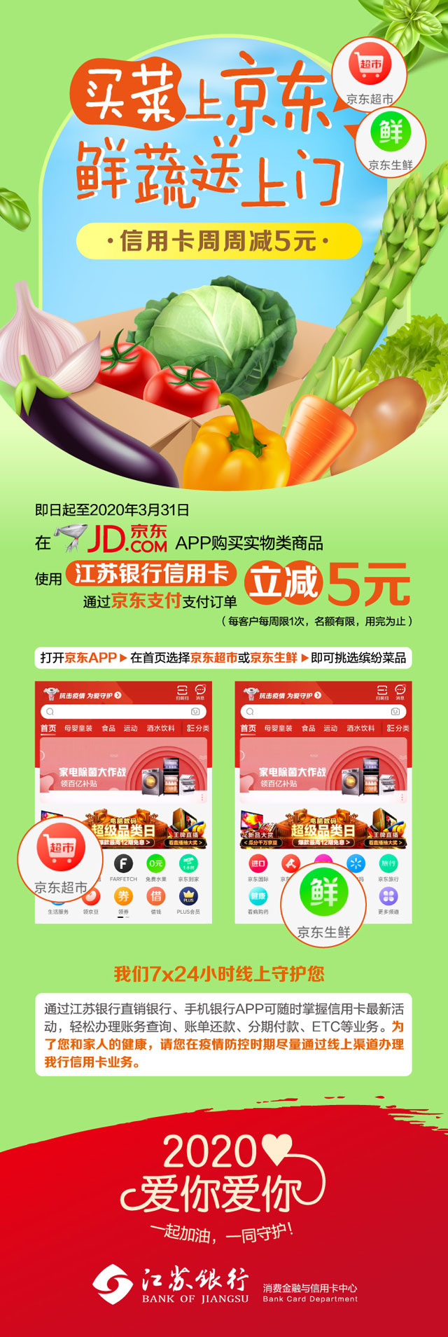 买菜上京东，鲜蔬送上门！江苏银行信用卡支付订单周周减5元！