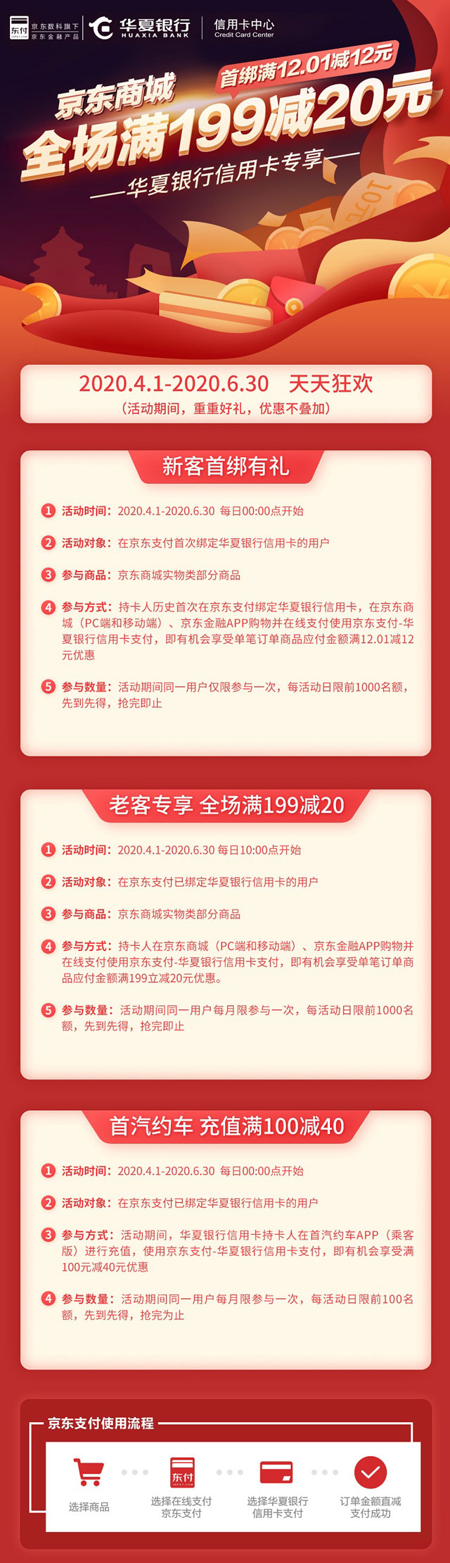 华夏银行信用卡减单生活，京东商城享满199减20元