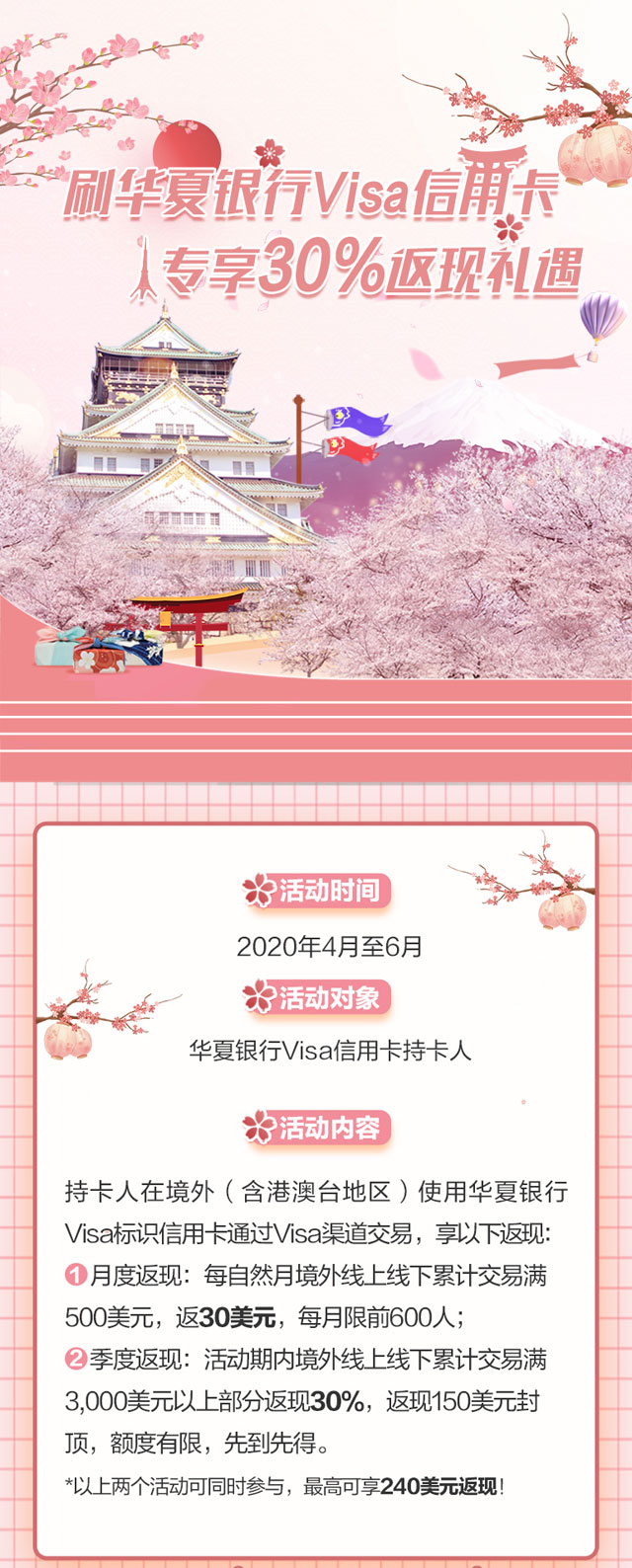 刷华夏银行Visa信用卡 专享30%返现礼遇