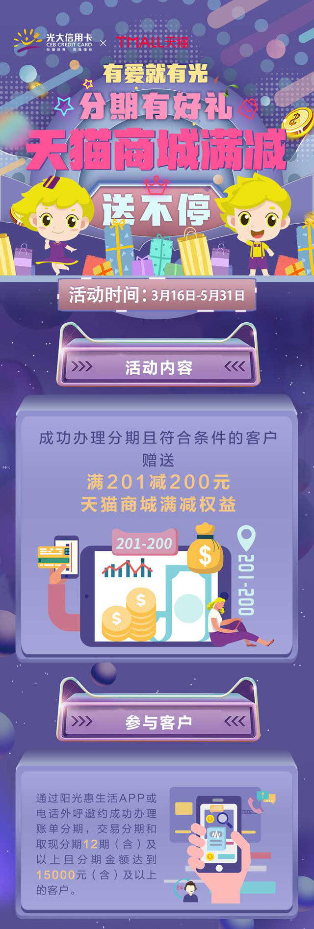 光大银行信用卡分期有好礼，200元天猫商城满减权益