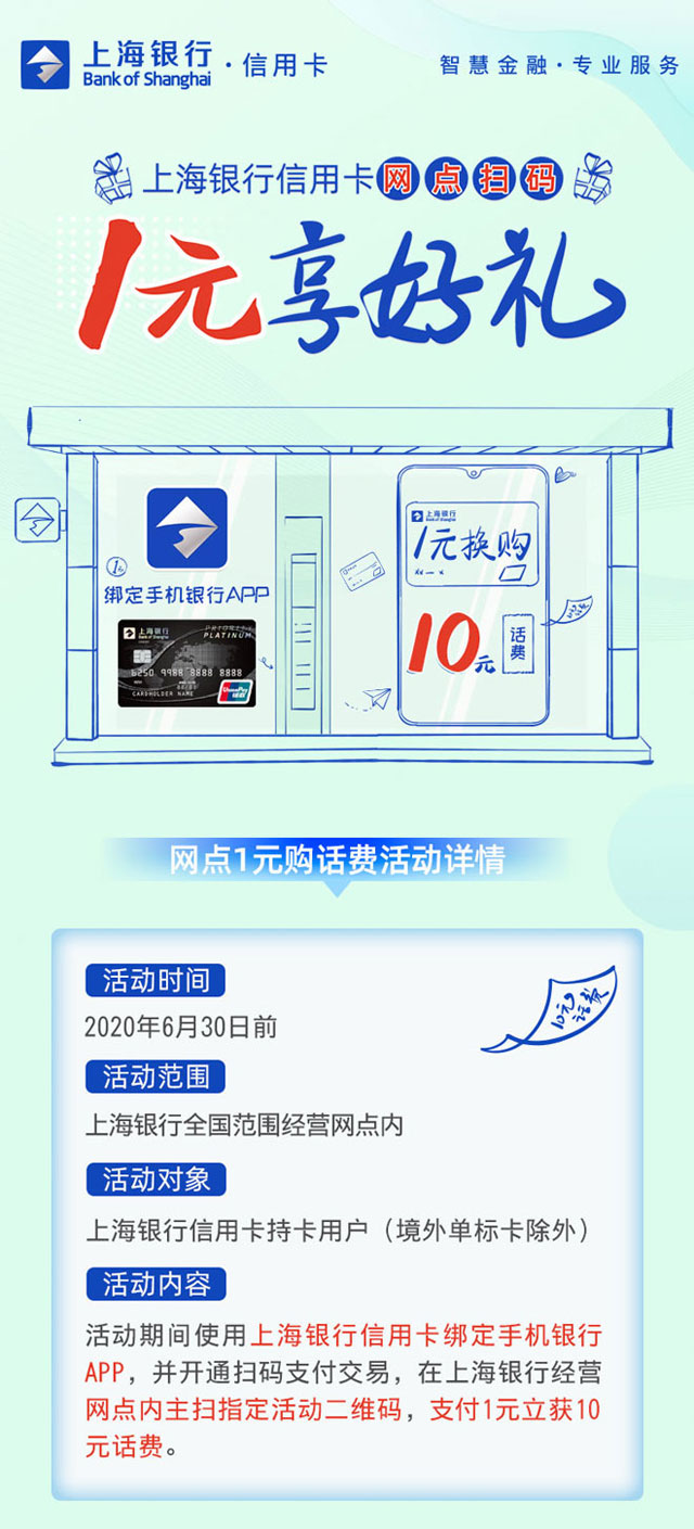 上海银行信用卡网点扫码1元立享10元话费