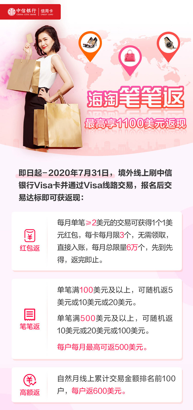 中信银行Visa信用卡海淘笔笔返，最高享1100美元返现