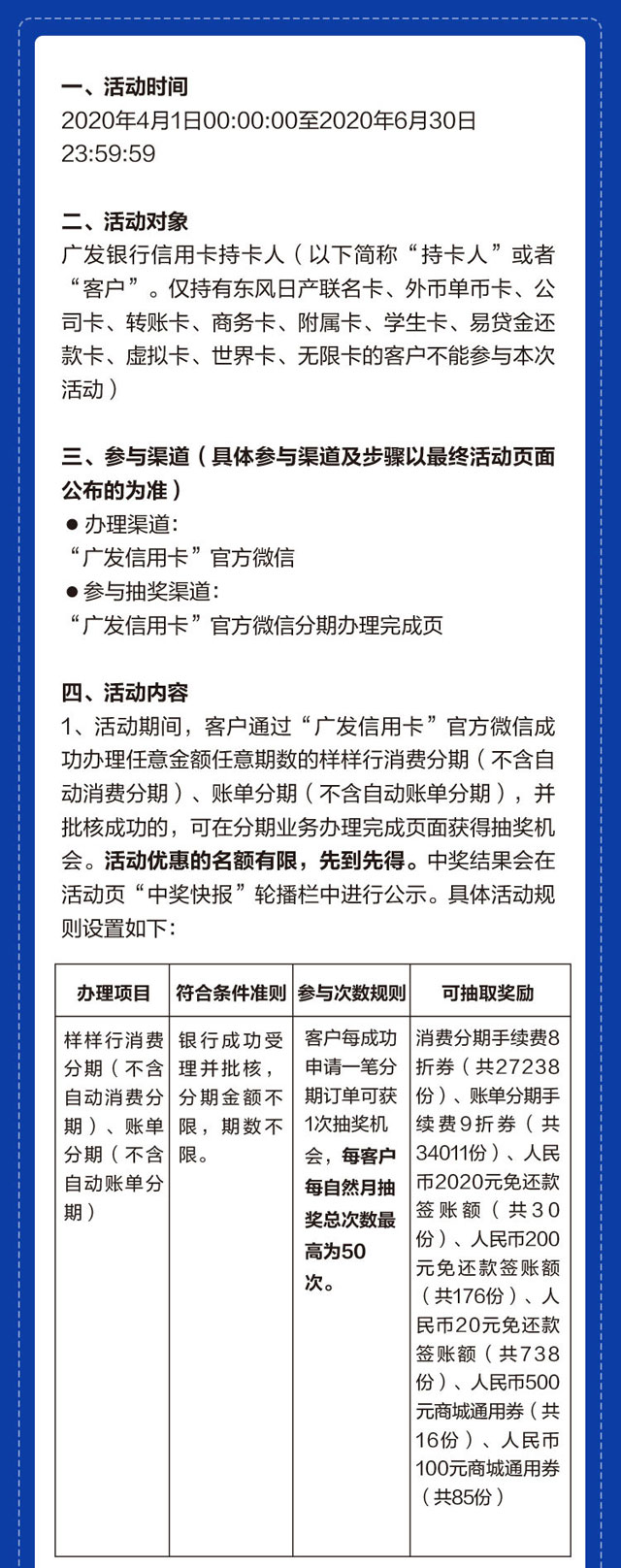 广发银行信用卡分期笔笔抽好礼，最高2020元