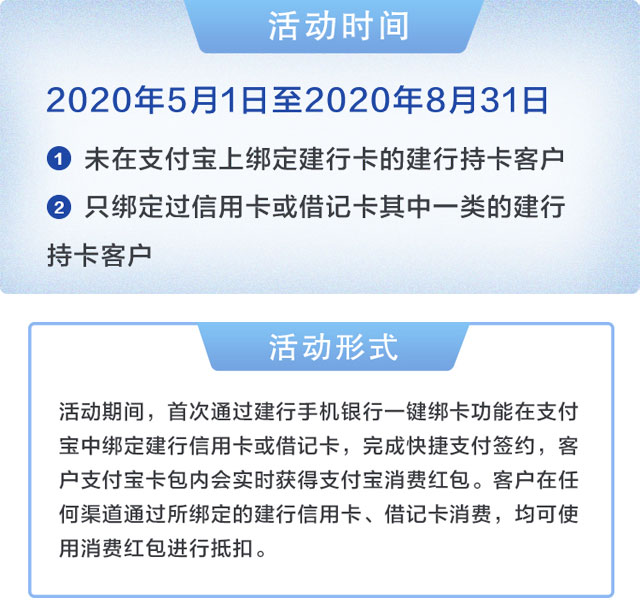 建设银行信用卡绑定支付宝，可获15元消费红包