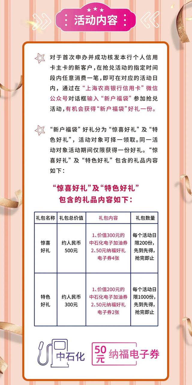 上海农商银行信用卡新户福袋抢兑，最高500元礼包