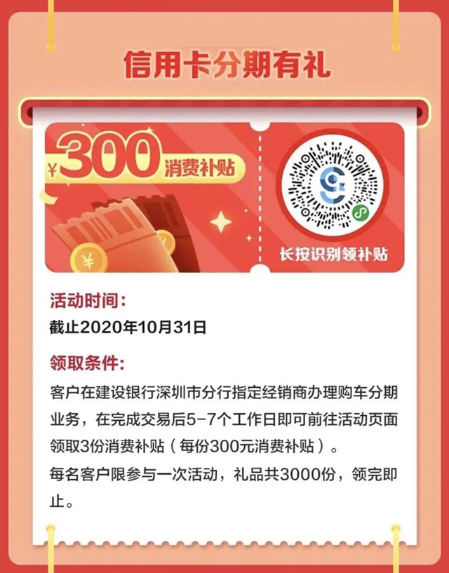 【深圳】建行信用卡购车分期有礼，最高可领900元消费补贴