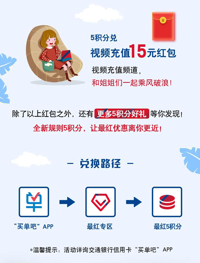 交通银行信用卡最红5积分，任意5笔随心兑