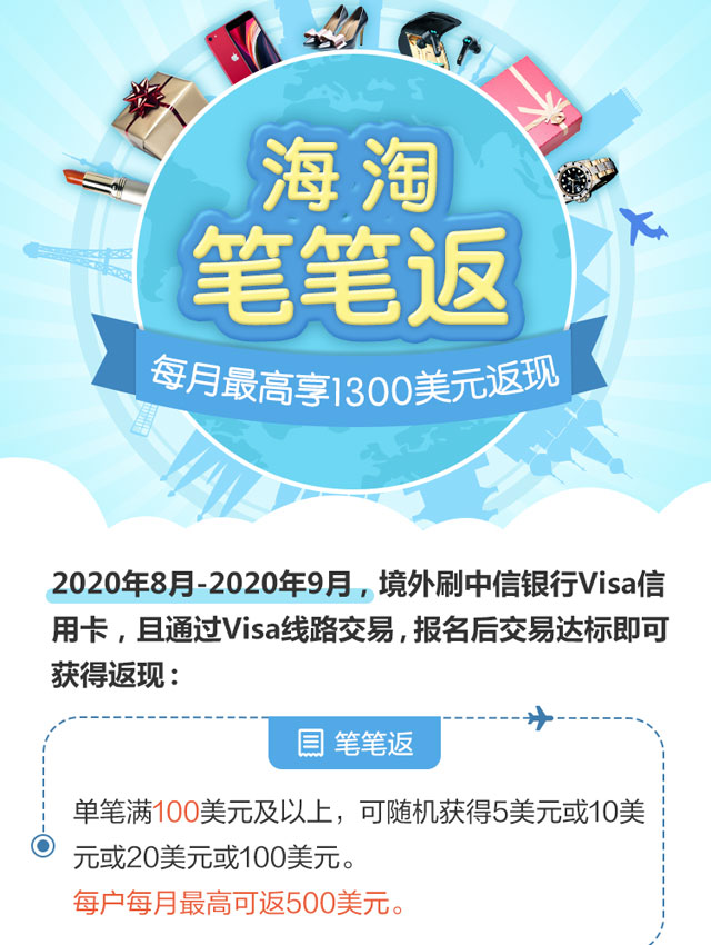 中信银行信用卡海淘笔笔返，每月最高享1300美元返现