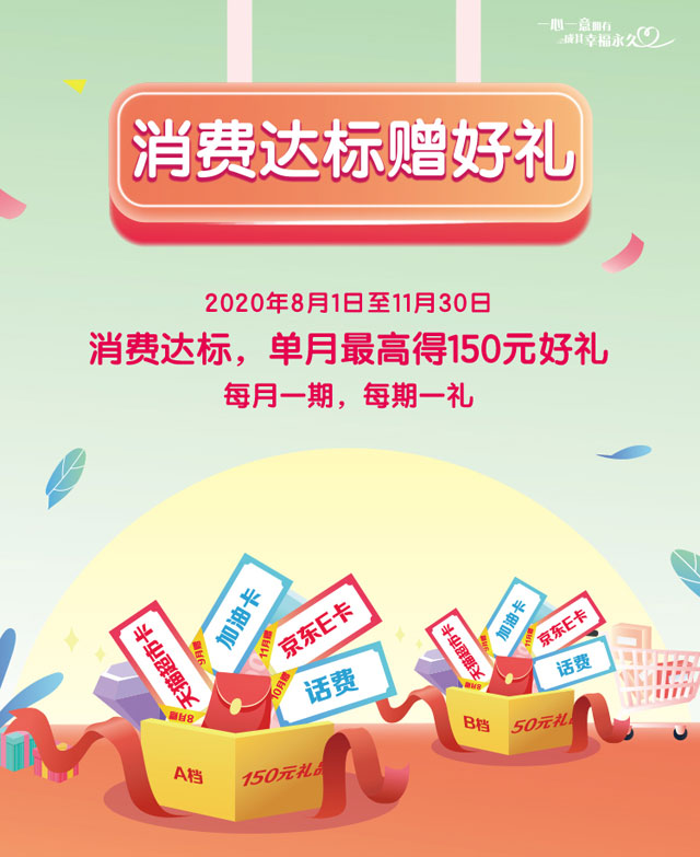 建设银行信用卡消费达标赠好礼，单月最高得150元好礼