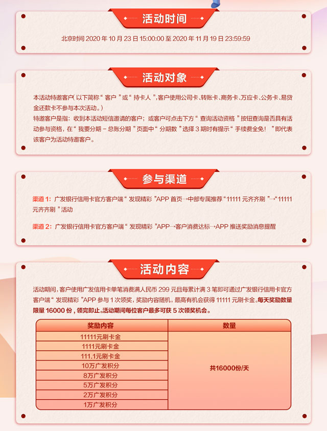 广发银行信用卡齐齐刷，消费达标最高奖励1111刷卡金