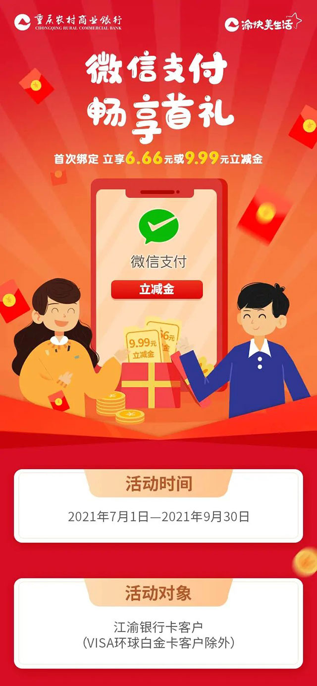 重庆农商行江渝信用卡首绑微信支付，立享6.66元或9.99元立减金