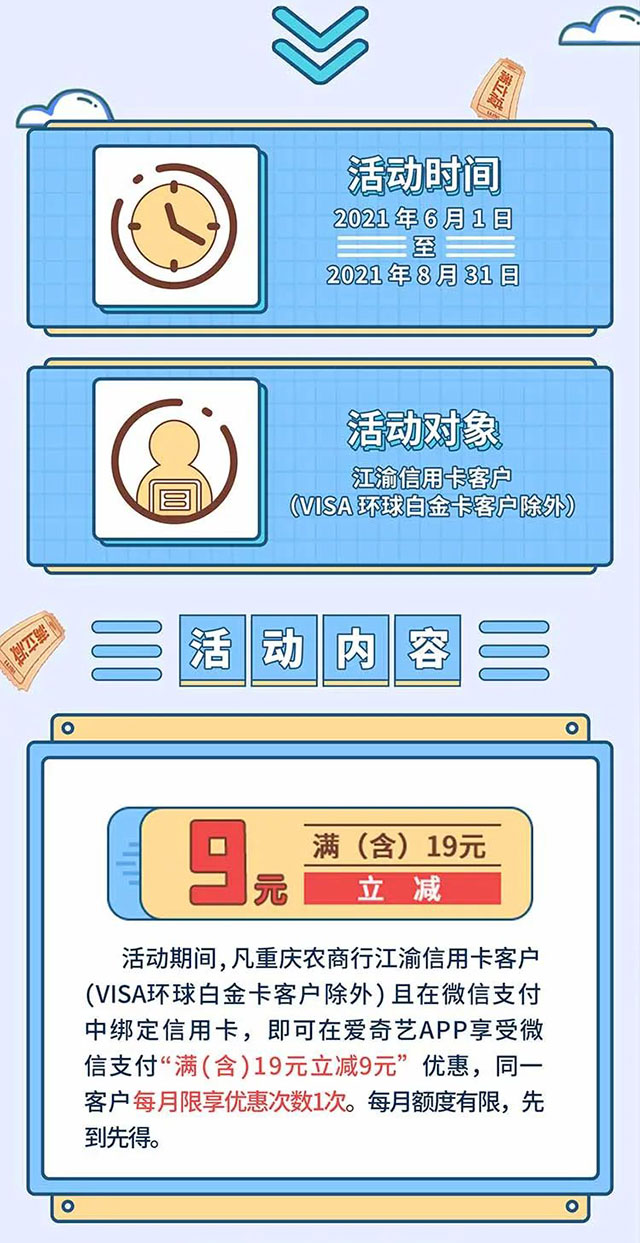 重庆农商行江渝信用卡心动预警，爱奇艺满19元立减9元