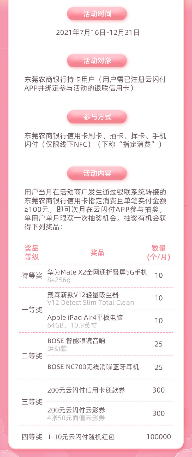 东莞农商银行信用卡绑定云闪付，快乐用卡赢华为MateX2